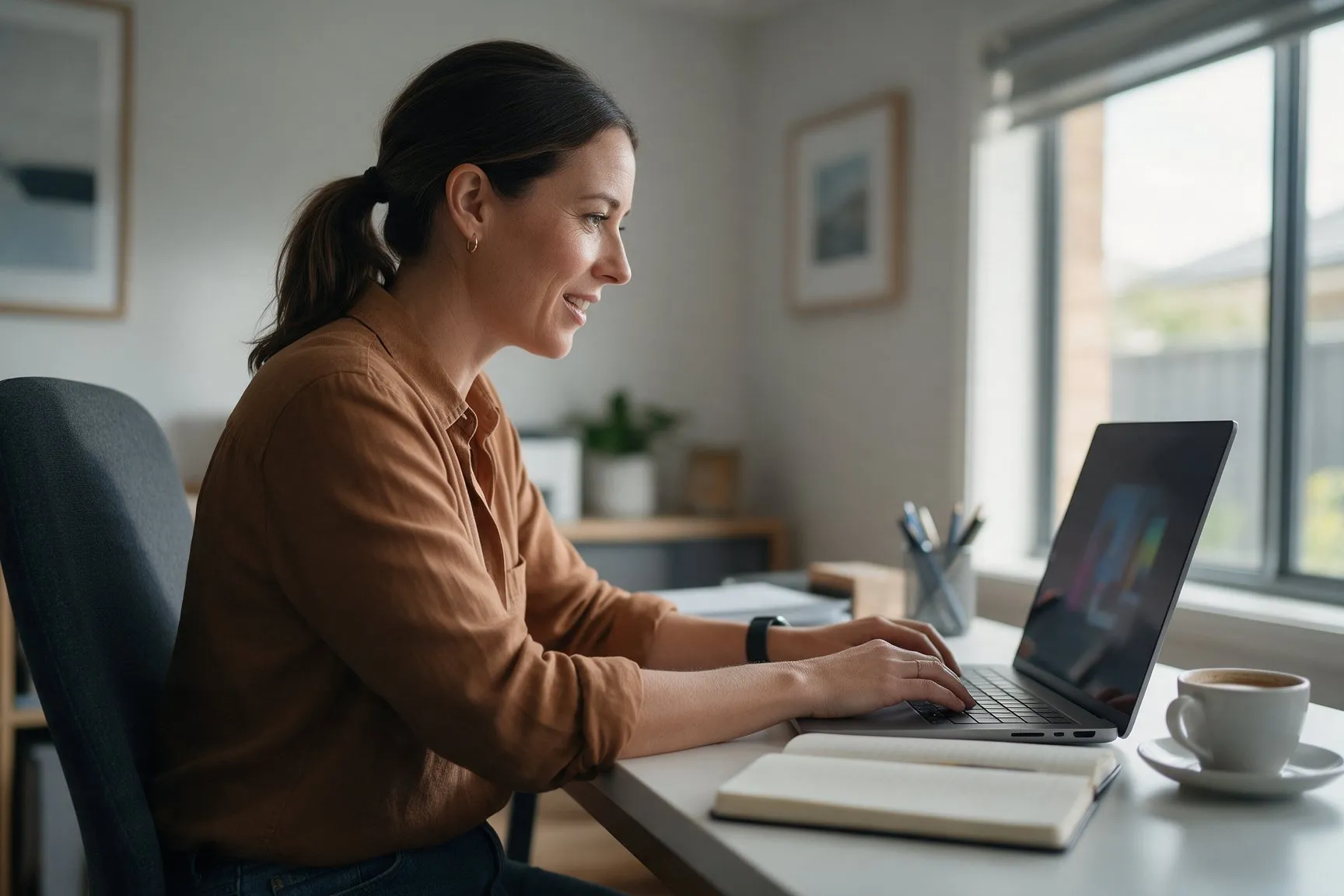 A marketer working at a laptop in a bright home office with a notebook and a coffee