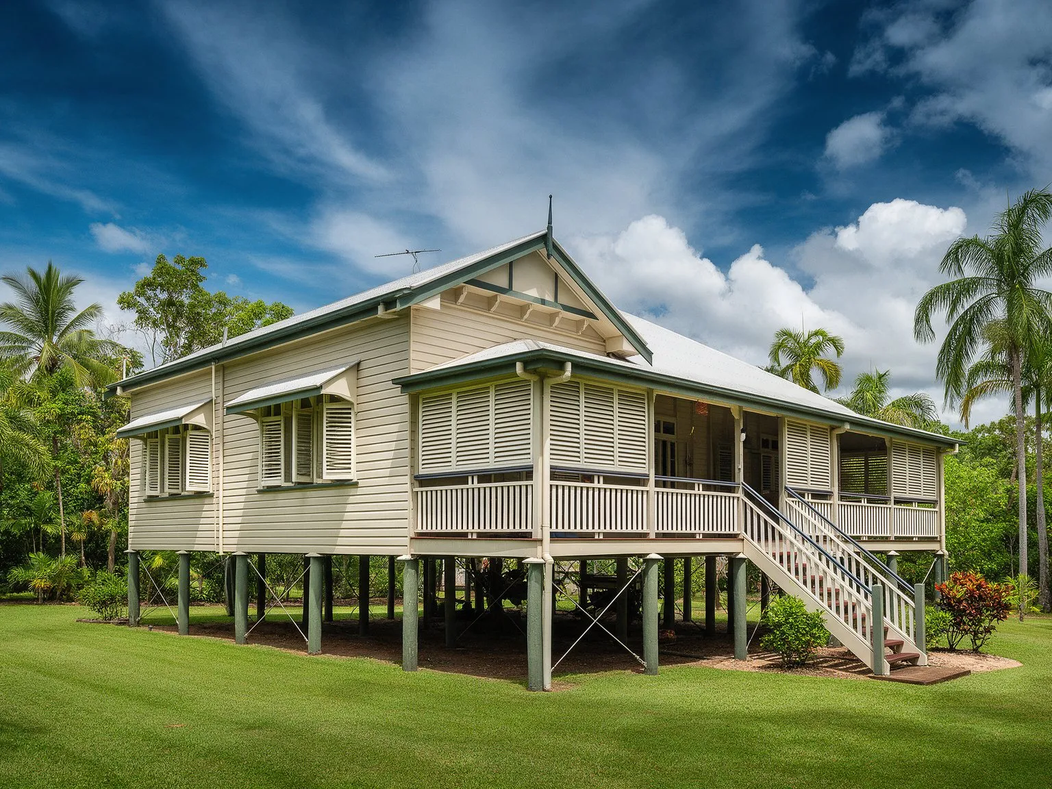 Representative image: an elevated tropical home with louvres and a wide veranda in a Darwin garden
