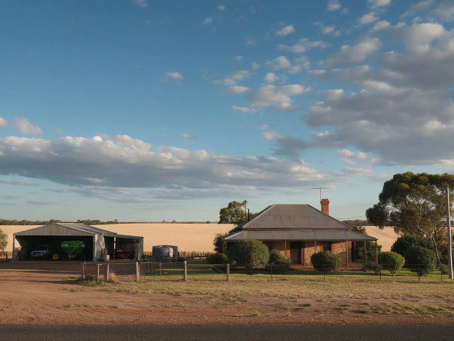 Representative image: a farmhouse and machinery shed beside wheat paddocks in central-west New South Wales