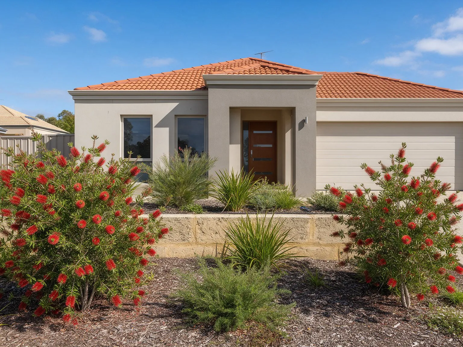 Representative image: a modern rendered home with a terracotta roof and native garden in a Perth suburb