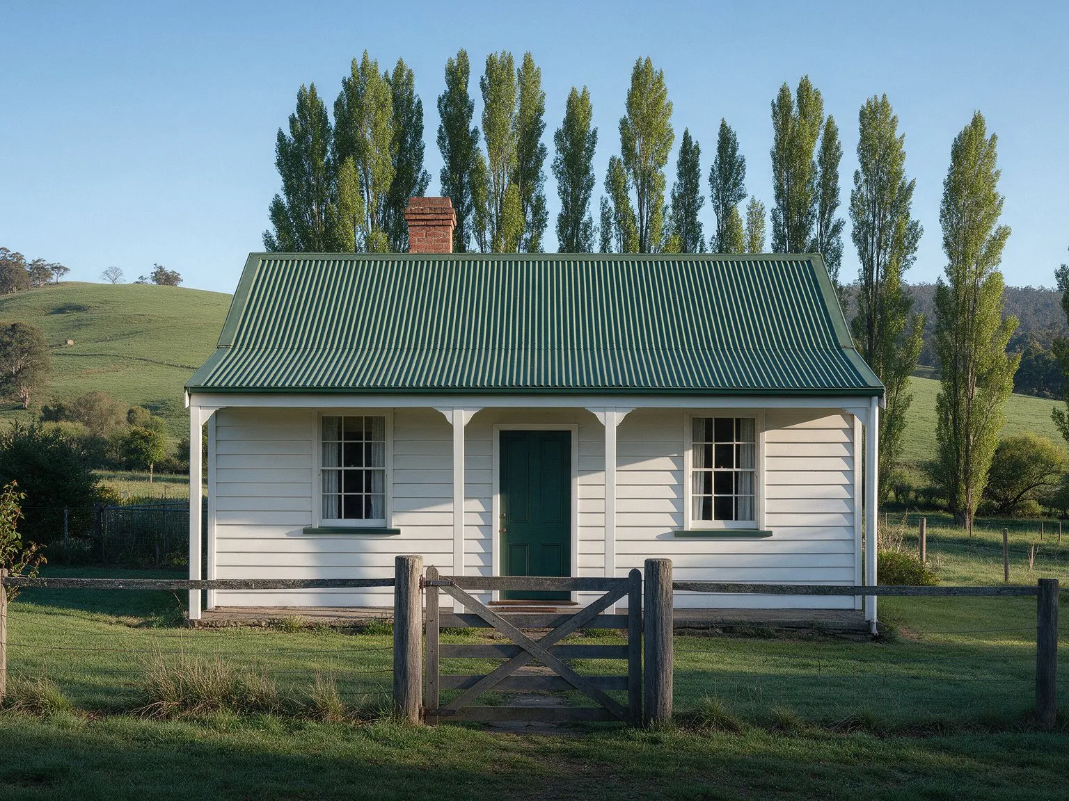 Representative image: a white weatherboard cottage with a green iron roof beside rolling hills near Launceston