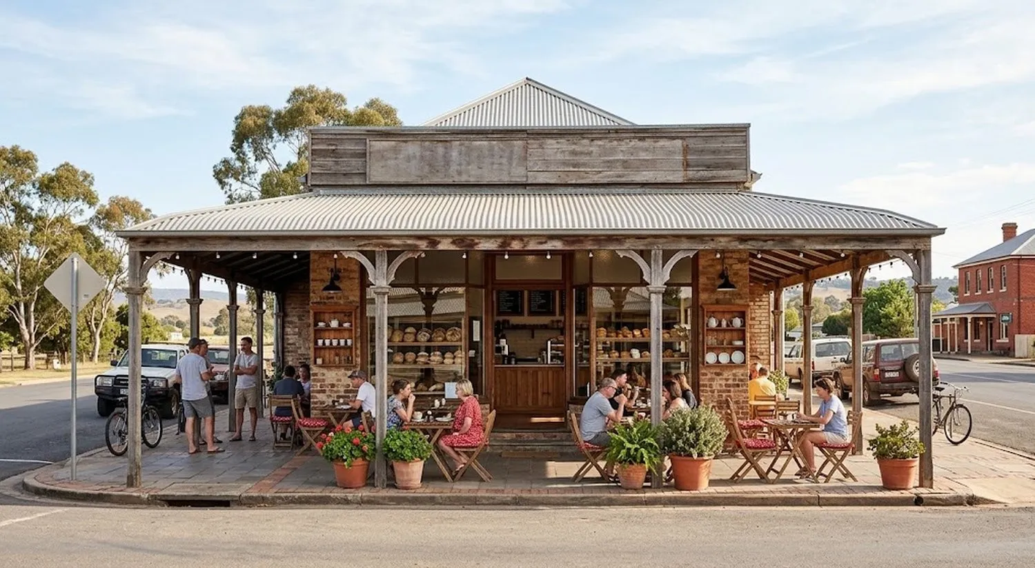 A corrugated-iron verandah bakery on a country-town main street, with people at tables outside