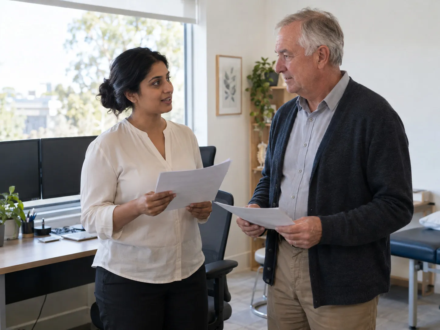 Two people in a small professional practice talking beside a desk