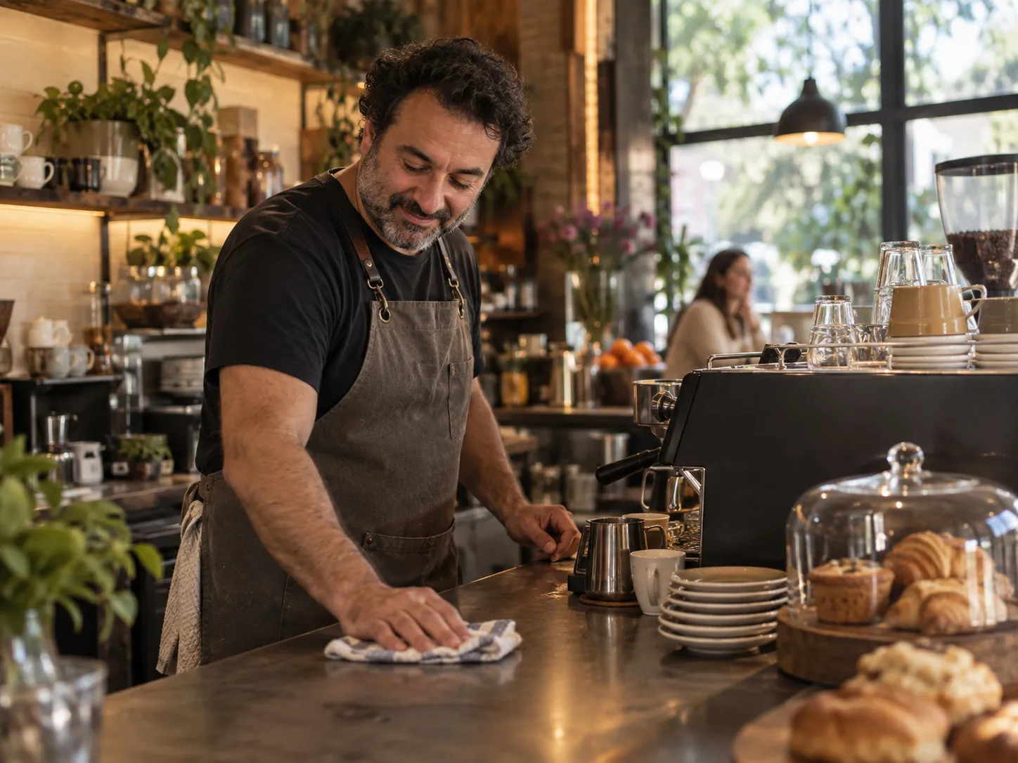 A cafe owner behind the counter of a small suburban shop