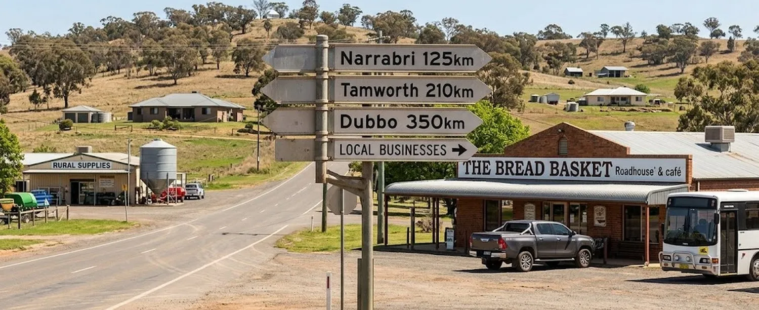 A country road signpost pointing to Tamworth and Dubbo beside a roadhouse café