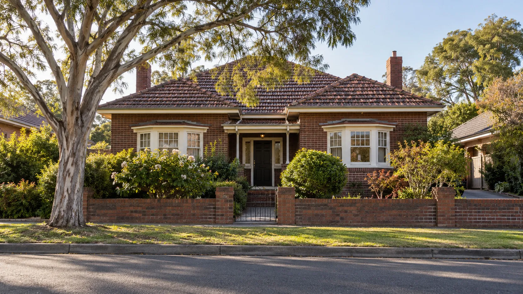 A double-fronted brick house with an established front garden, photographed from the street