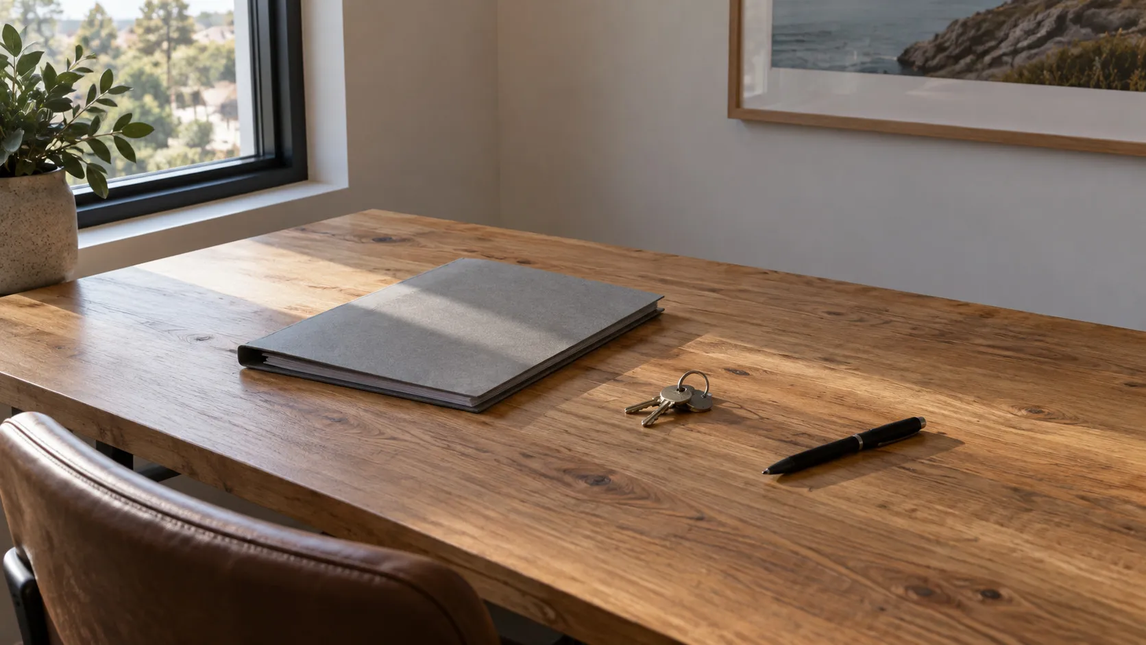 A tidy desk with a set of keys and a title document folder, no paperwork spread out