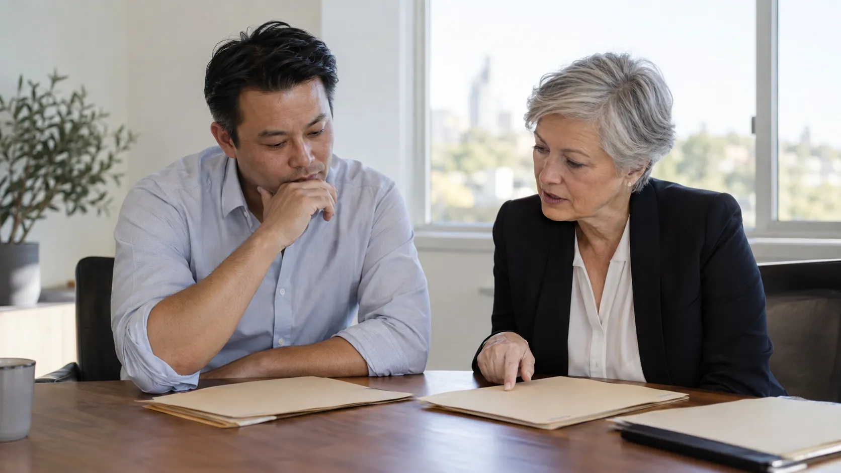 Two people at a table going through a stack of folders together