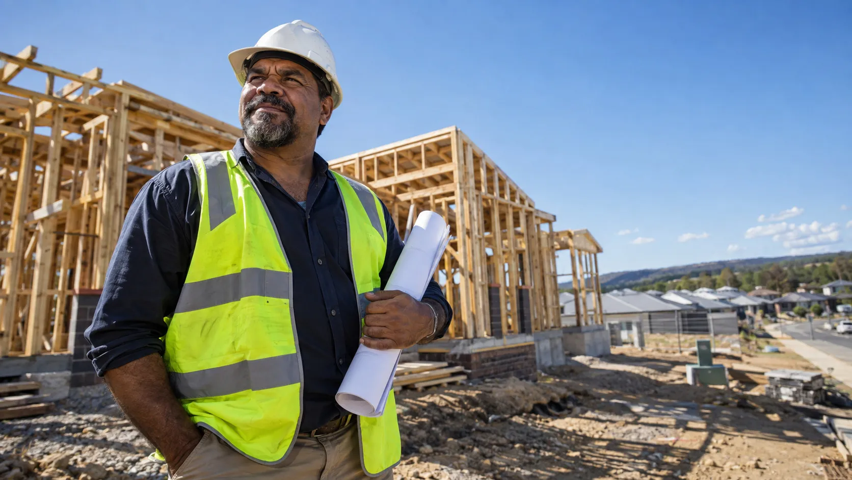 A builder standing on a partly framed residential construction site