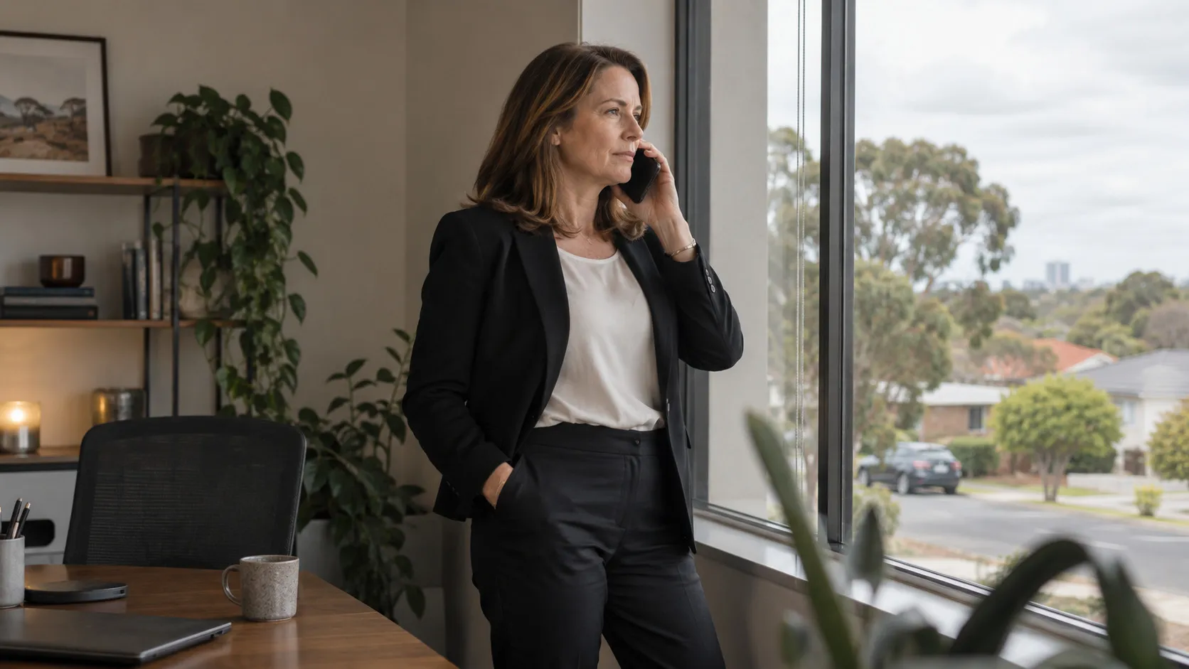 A business owner standing at a window with a phone, mid-conversation