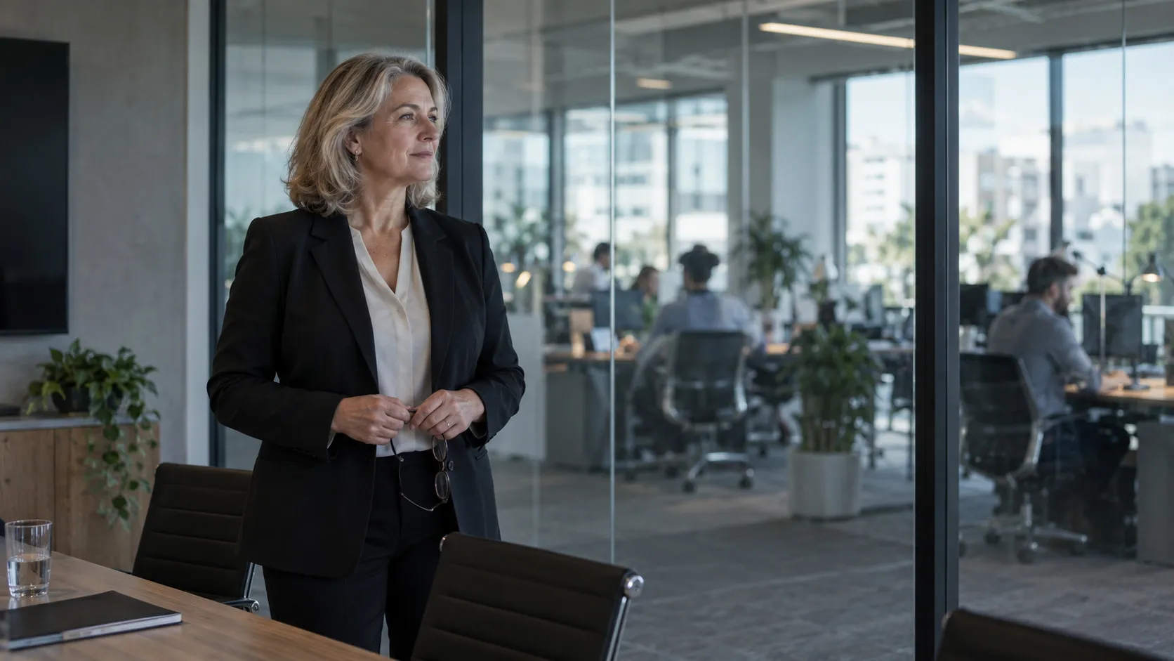A company director standing in a small boardroom, looking out over the office floor
