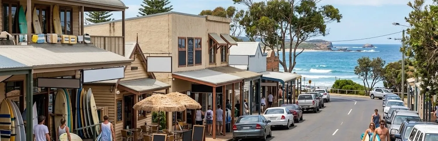 A coastal town main street with small shops and cafés along a covered footpath