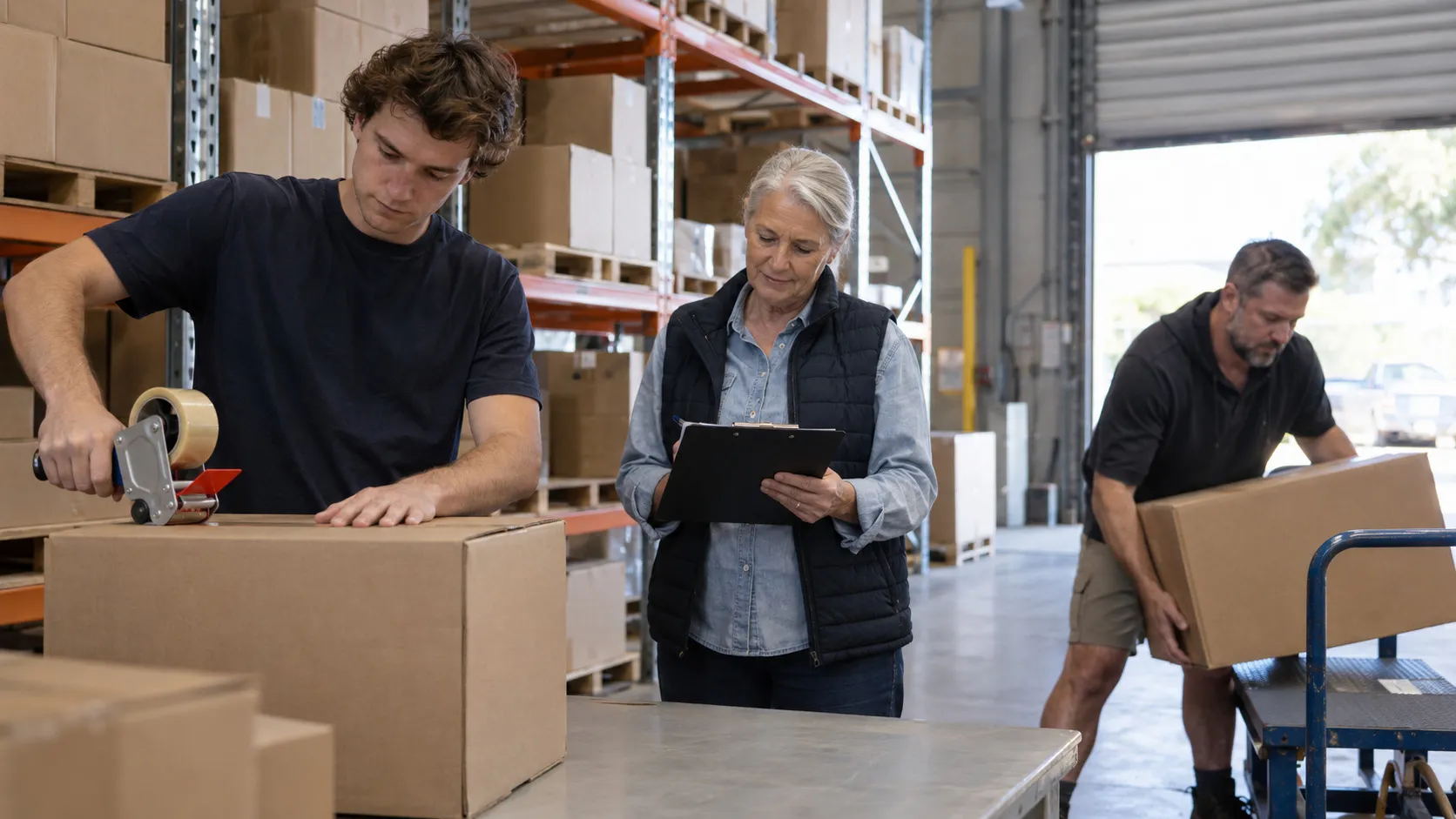 Three staff working together in a small warehouse and packing area